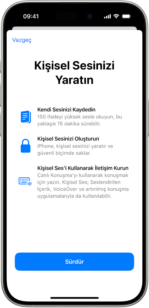 Kişisel ses yaratmayla ilgili bilgiler gösteren bir iPhone.