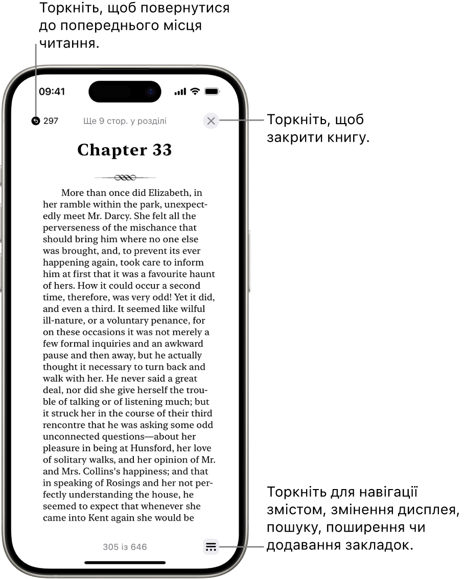Сторінка книги в програмі «Книги». Угорі екрана — кнопки для повернення до сторінки, з якої було почато читання, і для закриття книги. У нижньому правому куті екрана — кнопка «Меню».