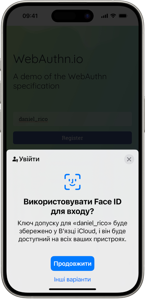 Екран входу, що з’являється під час збереження ключа допуску для облікового запису. Унизу екрана — кнопки «Продовжити» й «Інші опції».