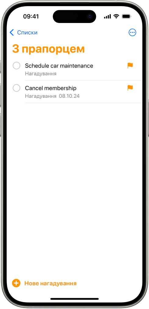 На екрані програми «Нагадування» показано динамічний список, у якому всі елементи позначено міткою.