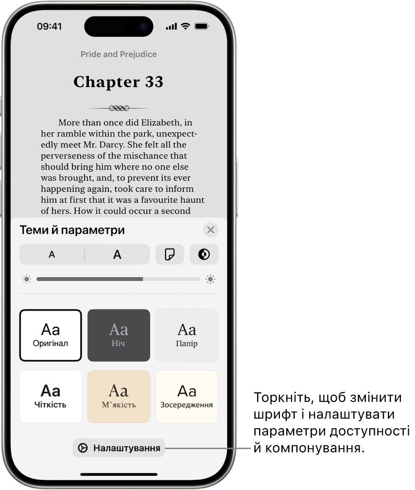Сторінка книги в програмі «Книги». Опції меню «Теми й параметри» з елементами керування для розміру шрифту, прокручування, способу гортання сторінок, яскравості та стилів шрифту.