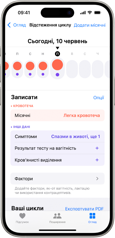 Екран «Відстеження циклу», на якому вгорі показано часову шкалу для одного тижня. Суцільними червоними кругами й бузковими точками позначено перші 5 днів на шкалі часу. Під часовою шкалою наведено опції для додавання інформації про місячні, симптоми тощо.