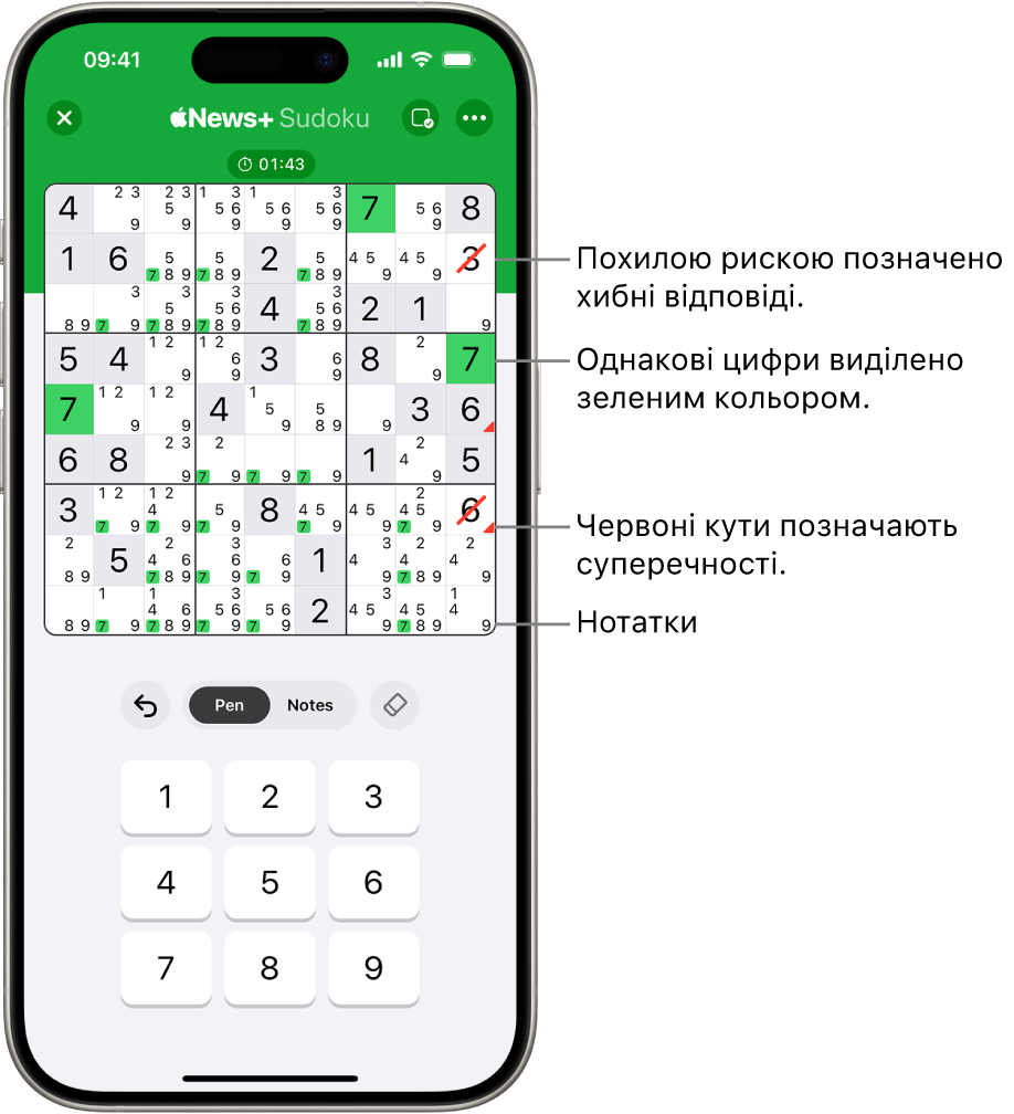 Головоломка «судоку» з кількома ввімкненими функціями: Notes (Нотатки), Highlight Matching Numbers (Виділити однакові числа), Show Conflicts (Показувати суперечності) й Autocheck (Автоперевірка).