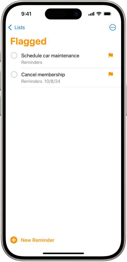 اسمارٹ فہرست دکھانے والی ریمائنڈر اسکرین جس میں فلیگ کردہ سبھی آئٹم شامل ہوں۔