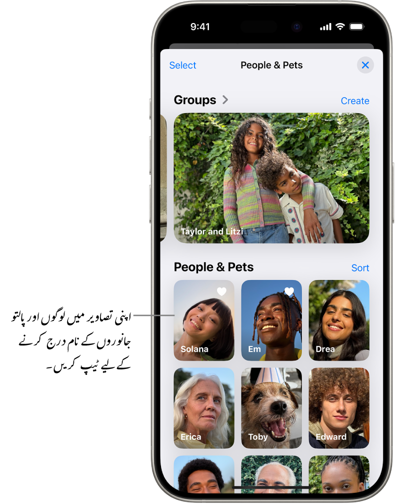 تصویر ایپ میں “لوگ اور پالتو جانور” کا کلکشن۔ “گروپ” سب سے اوپر ظاہر ہوتا ہے اور لوگ اور پالتو جانور نیچے درج فہرست ہوتے ہیں۔