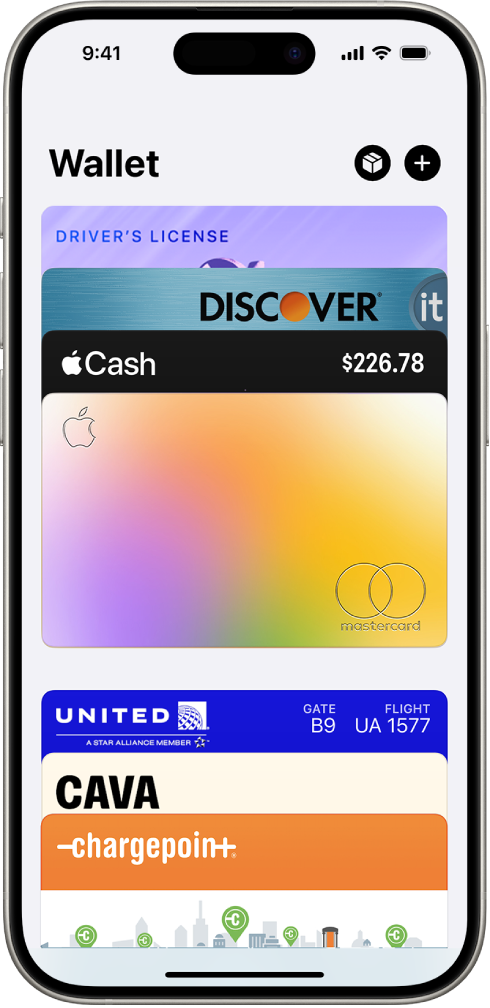 “والیٹ” اسکرین جس میں متعدد کارڈ اور پاس دکھائے جا رہے ہیں۔