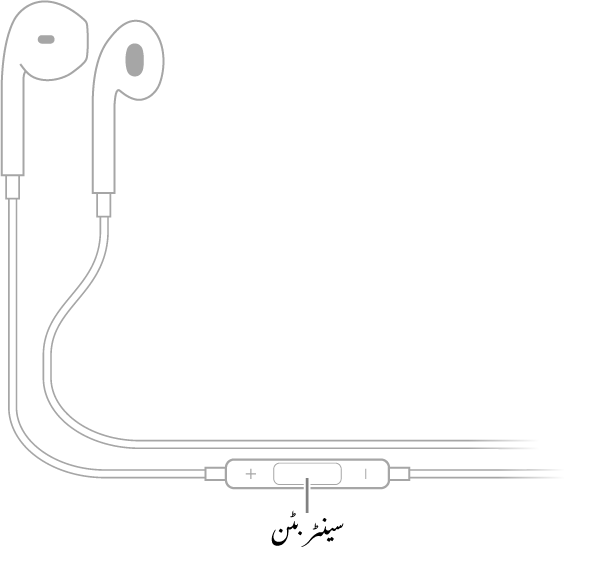 Apple EarPods؛ دائیں کان کے لیے ایئر پیس کی طرف جانے والے تار پر موجود سینٹر بٹن۔