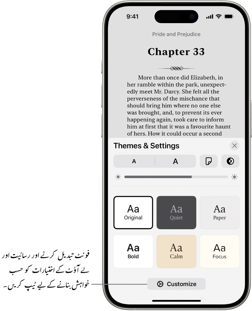 کتاب ایپ میں کتاب کا صفحہ۔ فونٹ سائز، اسکرولنگ ویو،صفحہ پلٹنے کا اسٹائل، روشنی اور فونٹ اسٹائل کے کنٹرول دکھانے والے تھیم اور سیٹنگ کے اختیارات۔