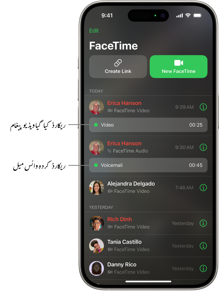 ریکارڈ کیے گئے ویڈیو پیغام اور وائس میل کے لِنک کے ساتھ FaceTime کال کی سرگزشت۔