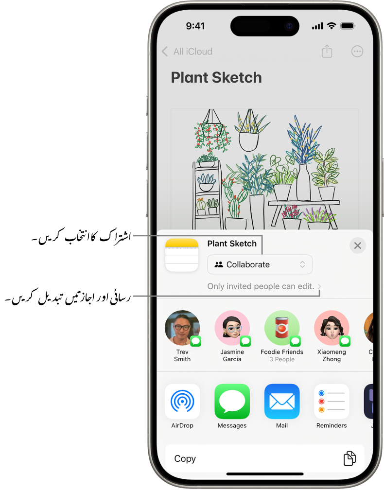 نوٹ میں ایک ڈرائنگ کے لیے اشتراک کا دعوت نامہ، جس میں شیئر آپشن کے لیے اشتراک اور رسائی اور اجازت کی سیٹنگ کے طور پر “صرف آپ کے ذریعے مدعو افراد ہی ترمیم کر سکتے ہیں” دکھایا گیا ہے۔ اس کے نیچے ایک گروپ سمیت چار ممکنہ وصول کنندگان ایک لائن بناتے ہیں۔ نیچے کی لائن نوٹ شیئر کرنے کے مختلف طریقے پیش کرتی ہے: AirDrop، پیغام، Mail، اور Freeform۔