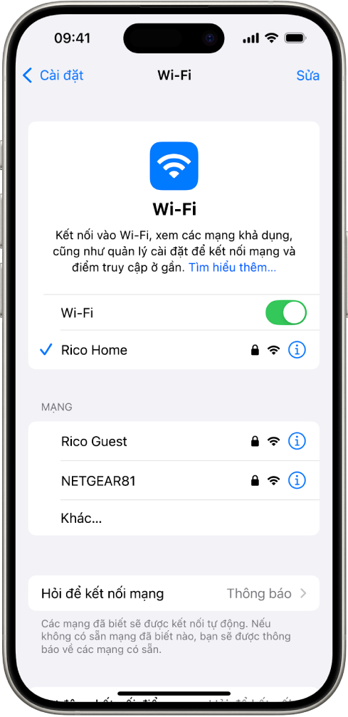 Màn hình tùy chọn Wi-Fi trong Cài đặt. Wi-Fi được bật và một mạng được chọn.