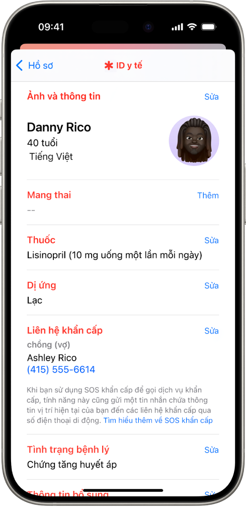 Một màn hình ID y tế chứa thông tin bao gồm ngày sinh, thuốc, dị ứng, liên hệ khẩn cấp và tình trạng y tế.