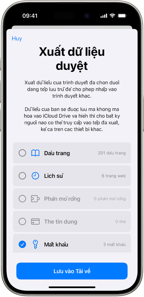 Màn hình Xuất dữ liệu duyệt, với tùy chọn Mật khẩu được chọn để xuất sang một trình quản lý mật khẩu khác.