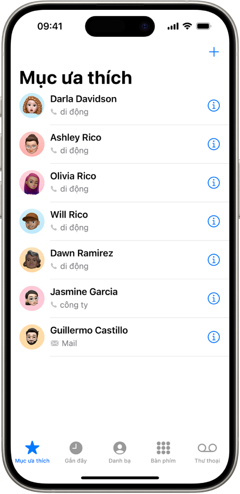 Màn hình Mục ưa thích trong ứng dụng Danh bạ; sáu liên hệ được liệt kê là mục ưa thích.