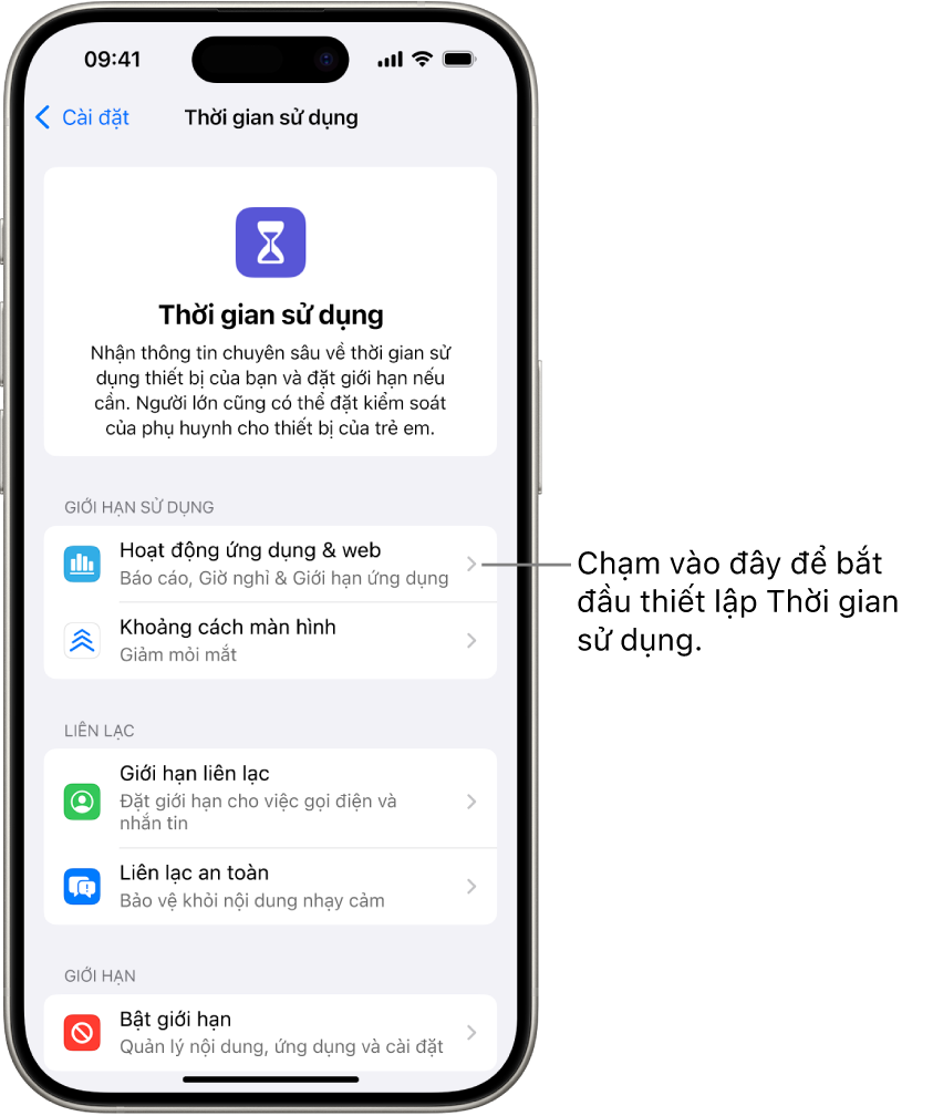 Màn hình thiết lập Thời gian sử dụng, đang cho biết rằng bạn chạm vào Hoạt động ứng dụng & web để bắt đầu.