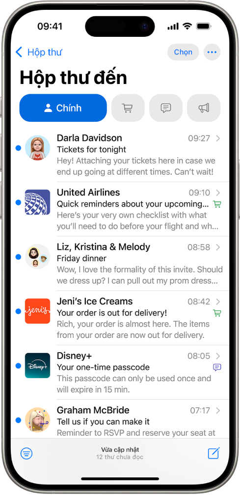 Hộp thư đến của Mail, đang hiển thị một danh sách các thư Chính.