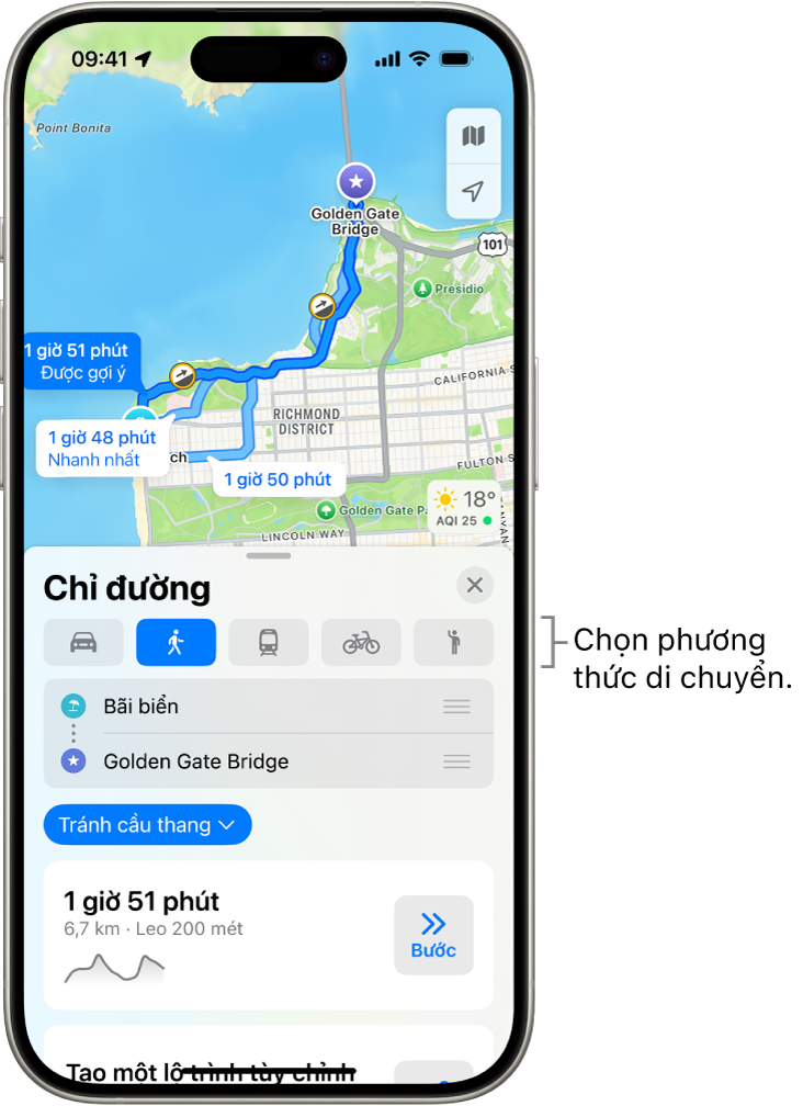 Một bản đồ đang hiển thị một vài tùy chọn lộ trình giữa hai vị trí, với các nút để chọn các phương thức di chuyển khác, chuyển đổi điểm bắt đầu và điểm đến, cũng như xem chỉ đường dưới dạng các bước.