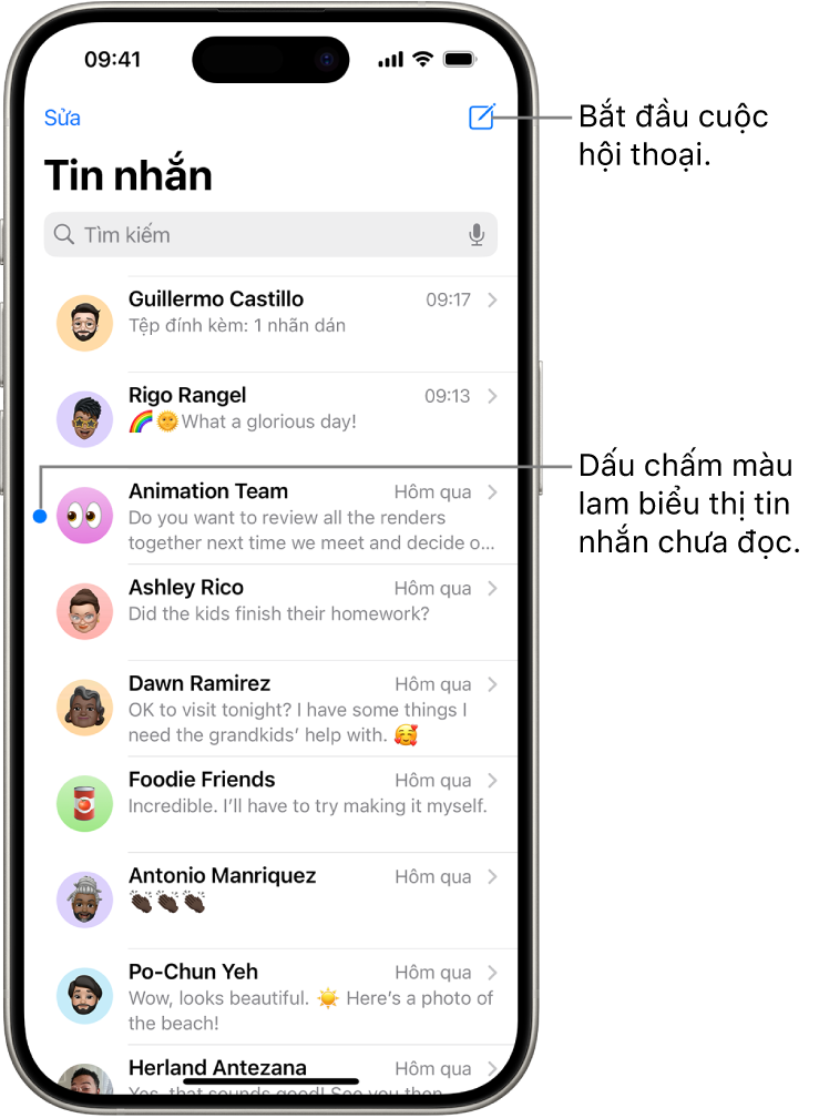 Danh sách cuộc hội thoại Tin nhắn, với nút Soạn ở trên cùng bên phải. Một dấu chấm màu lam ở bên trái của tin nhắn cho biết rằng tin nhắn chưa được đọc.