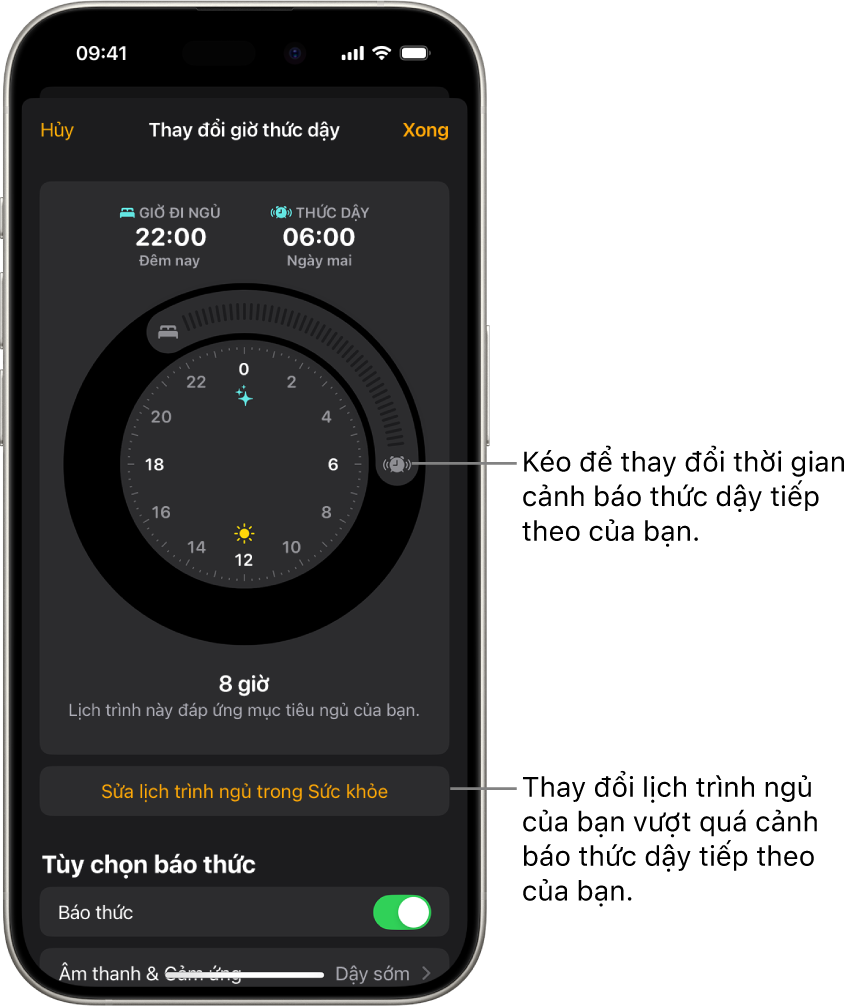 Màn hình để thay đổi cảnh báo thức dậy tiếp theo. Vị trí của nút chuông báo thức đặt báo thời gian báo thức.