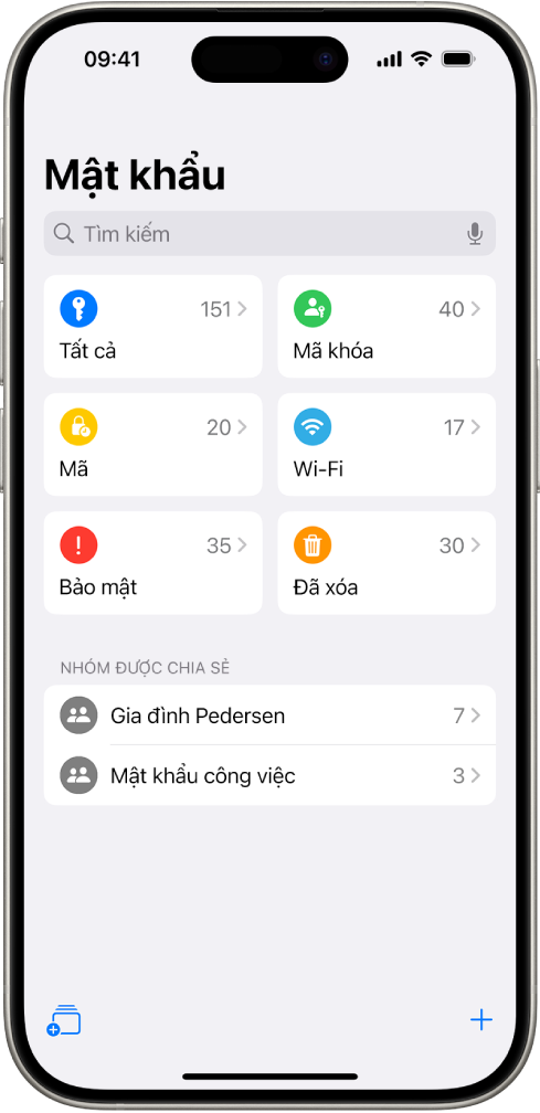 Màn hình chính cho ứng dụng Mật khẩu, với các nút Tất cả, Mã khóa, Mã xác minh, Wi-Fi, Bảo mật và Đã xóa, cùng với danh sách Nhóm đã chia sẻ.