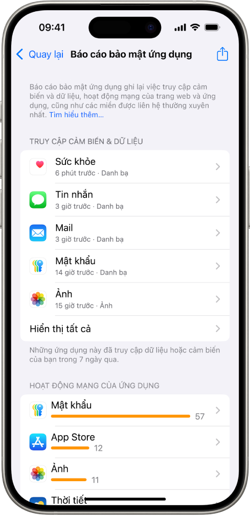 Một Báo cáo bảo mật ứng dụng đang liệt kê thông tin về các ứng dụng cho danh mục Truy cập cảm biến & dữ liệu, cũng như thông tin về các ứng dụng cho danh mục Hoạt động mạng của ứng dụng.