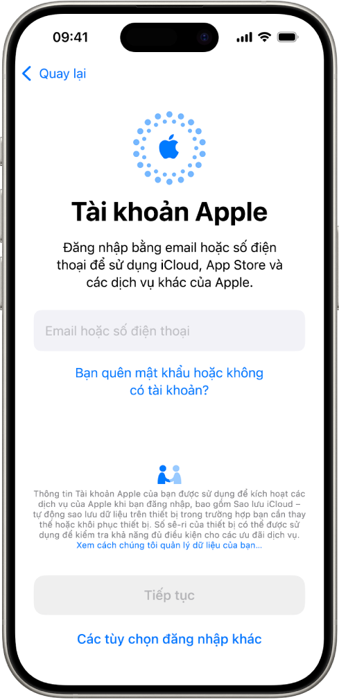 Màn hình đăng nhập Tài khoản Apple.