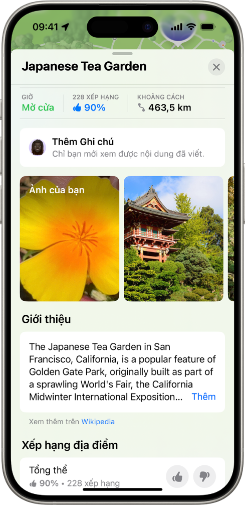 Một thẻ địa điểm với một xếp hạng tổng thể cho một vị trí, ảnh và nút để xếp hạng vị trí đó.