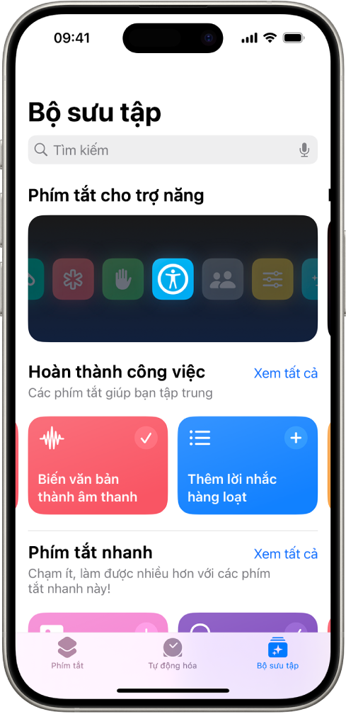 Màn hình Bộ sưu tập trong ứng dụng Phím tắt với một trường tìm kiếm ở trên cùng. Bên dưới là ba bộ sưu tập: Phím tắt cho trợ năng, Hoàn thành công việc và Phím tắt nhanh. Ở cuối màn hình là các nút Phím tắt, Tự động hóa và Bộ sưu tập. Bộ sưu tập được chọn.