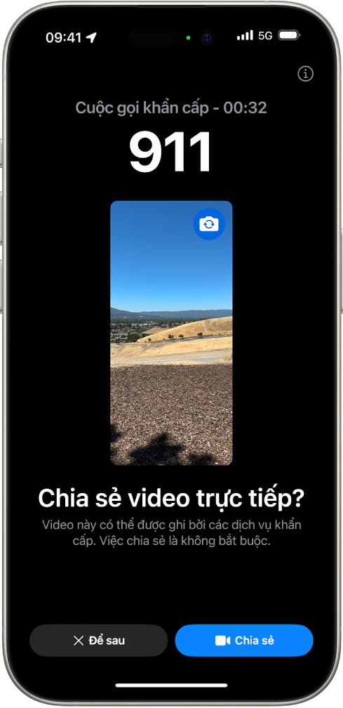 Một màn hình Video trực tiếp SOS khẩn cấp hiển thị một cuộc gọi khẩn cấp cho 911 với bản xem trước video ở giữa. Ở dưới cùng là các nút Để sau và Chia sẻ video.