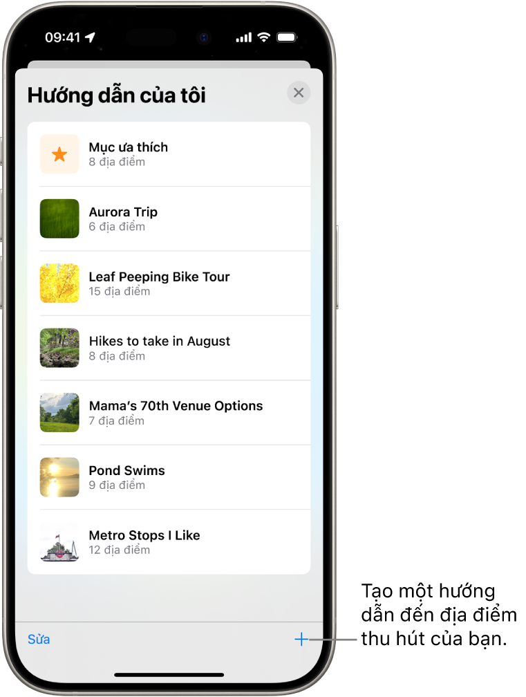 Một danh sách các hướng dẫn tùy chỉnh trong Bản đồ, bao gồm danh mục Mục ưa thích và nút Hướng dẫn mới ở dưới cùng bên phải.