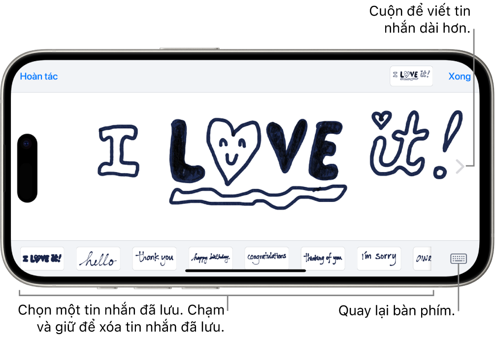 Khung hình để soạn tin nhắn viết tay. Dọc theo cạnh dưới, từ trái sang phải, là các mục viết tay đã lưu và nút Bàn phím.