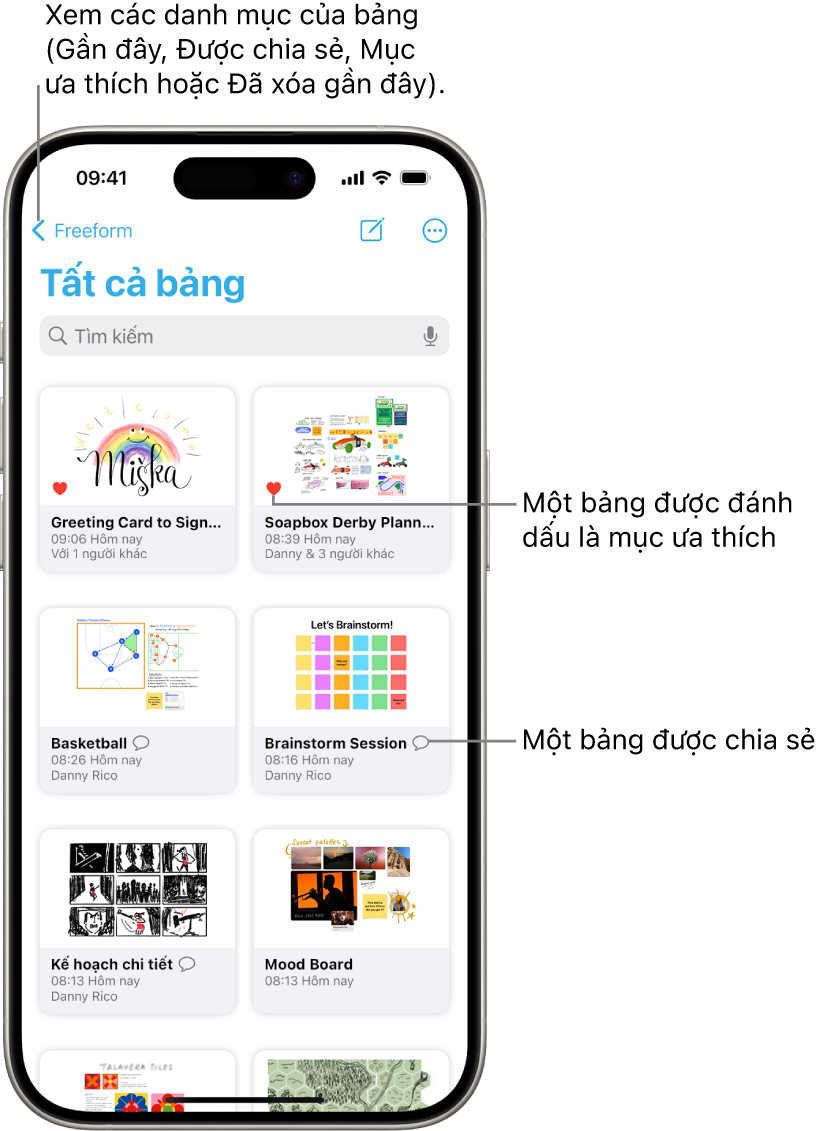 Màn hình Tất cả bảng của Freeform được mở và hiển thị tám hình thu nhỏ bảng.