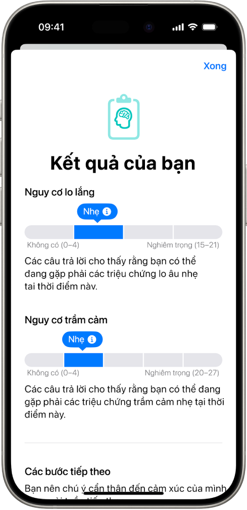 Một màn hình trong ứng dụng Sức khỏe đang hiển thị kết quả của bảng câu hỏi sức khỏe tinh thần.