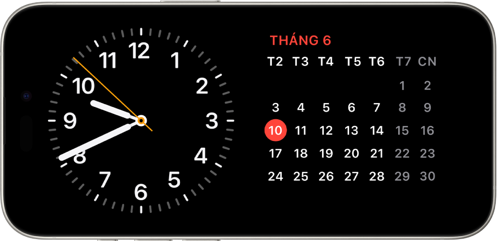 iPhone được xoay ngang. Bên trái của màn hình hiển thị một đồng hồ và bên phải của màn hình hiển thị ngày.