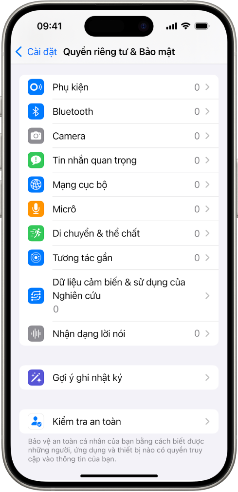 Màn hình Quyền riêng tư & Bảo mật, với cài đặt để kiểm soát ứng dụng có thể sử dụng camera, micrô và các thành phần khác của iPhone.