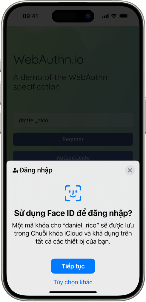 Một màn hình đăng nhập xuất hiện khi một mã khóa được lưu cho tài khoản. Các nút Tiếp tục và Tùy chọn khác ở cuối màn hình.