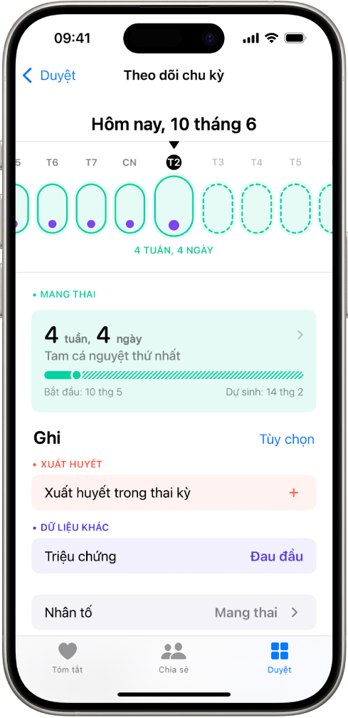 Màn hình Theo dõi chu kỳ với dòng thời gian thai kỳ cho một tuần ở đầu màn hình. Các hình bầu dục màu lục nhạt và các dấu chấm màu tía đánh đấu 5 ngày đầu tiên trên dòng thời gian. Các hình tròn màu lục nhạt có gạch ngang đánh dấu những ngày khác trên dòng thời gian. Bên dưới dòng thời gian là tóm tắt thai kỳ đang hiển thị tuổi thai, ngày bắt đầu và ngày dự sinh ước tính. Bên dưới tóm tắt thai kỳ là các tùy chọn để thêm thông tin về xuất huyết trong thai kỳ, triệu chứng, v.v.