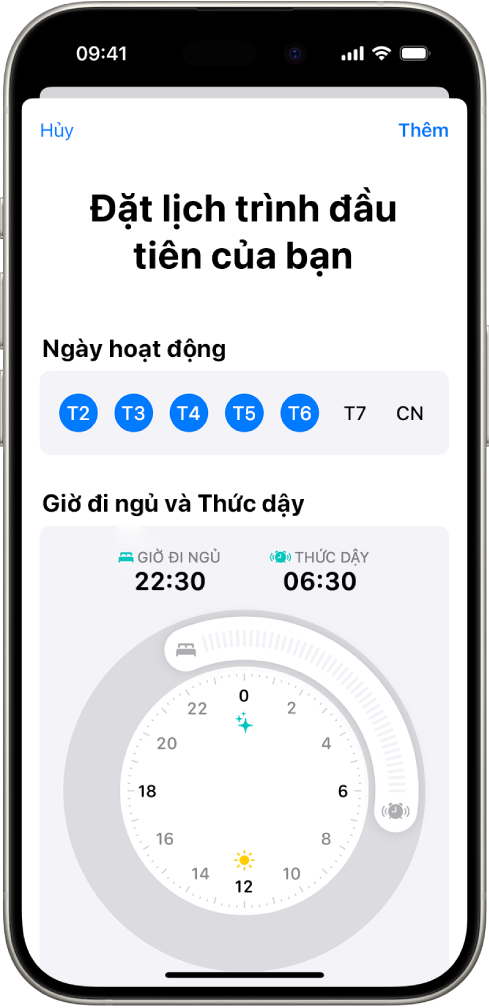 Màn hình Đặt lịch trình đầu tiên của bạn trong Sức khỏe với phần Ngày hoạt động và đồng hồ Giờ đi ngủ và Thức dậy.