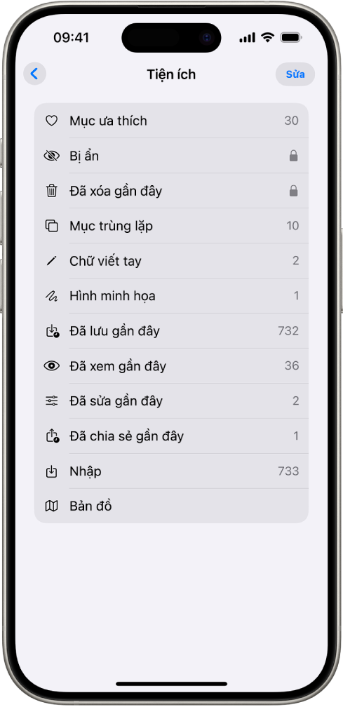 Trong ứng dụng Ảnh, bộ sưu tập Tiện ích đang mở, hiển thị danh sách các bộ sưu tập ảnh.
