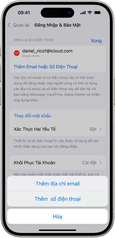 Màn hình Đăng nhập & bảo mật trong Cài đặt.