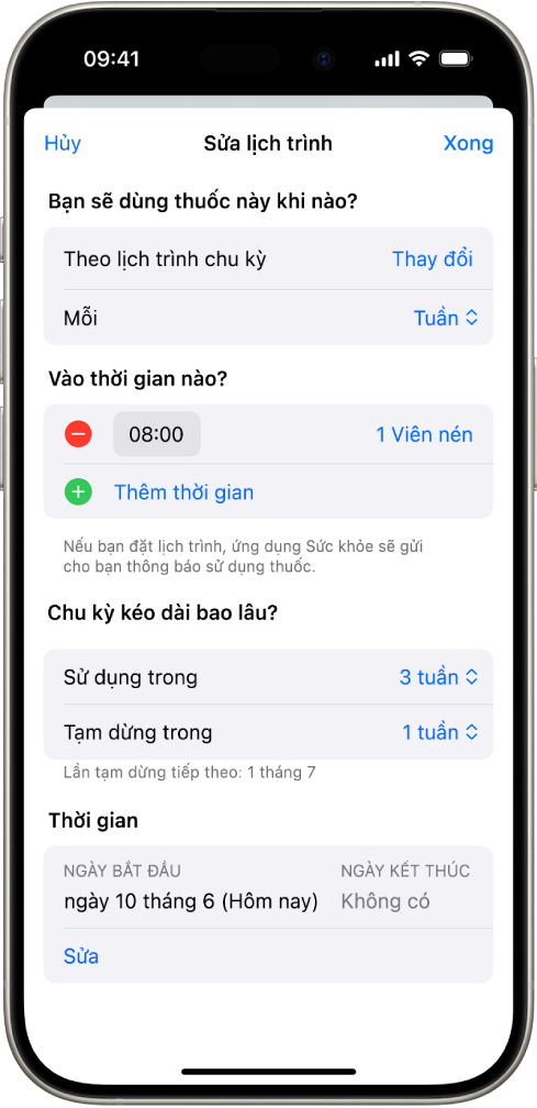 Màn hình Thuốc trong Sức khỏe đang hiển thị các tùy chọn để thay đổi lịch trình cho một loại thuốc.