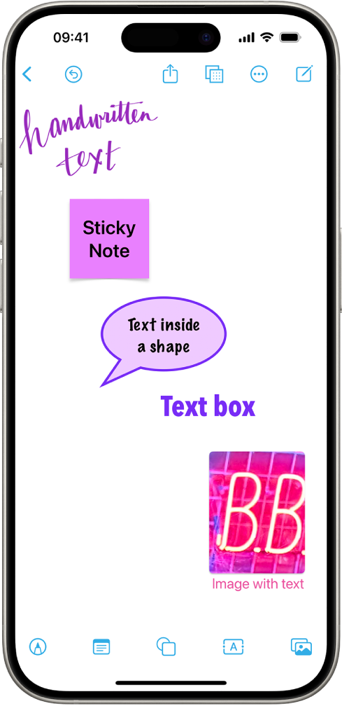 Một bảng Freeform với một bản vẽ, giấy ghi chú, hình, hộp văn bản và hình ảnh, tương ứng với các nút ở cuối màn hình.