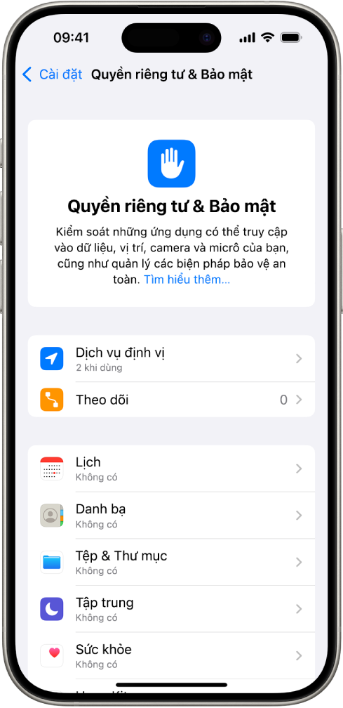 Màn hình Quyền riêng tư & Bảo mật trong Cài đặt.