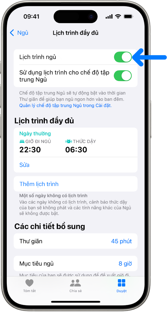 Màn hình Lịch trình ngủ đầy đủ trong Sức khỏe với Lịch trình ngủ được bật ở trên cùng.
