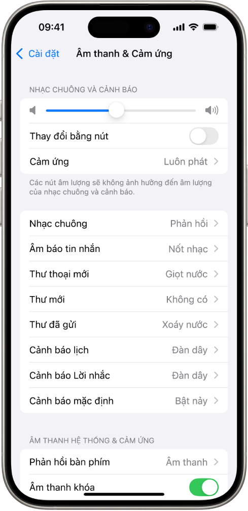 Màn hình Âm thanh và Cảm ứng trong Cài đặt. Các tùy chọn trên màn hình từ trên xuống dưới là Âm thanh tai nghe và An toàn tai nghe, Âm lượng cảnh báo và nhạc chuông với một thanh trượt để điều chỉnh âm lượng và tùy chọn để thay đổi âm lượng bằng các nút, cùng với Âm thanh và Kiểu cảm ứng, bao gồm Nhạc chuông và Âm báo tin nhắn.