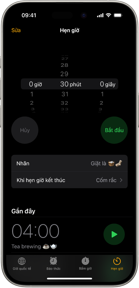 Một màn hình để thêm hẹn giờ, với các cài đặt để đặt hẹn giờ và một nút để bắt đầu hẹn giờ đã tạo gần đây.
