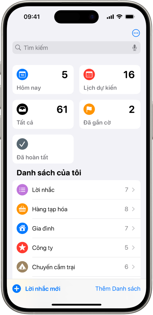 Màn hình Lời nhắc hiển thị trường tìm kiếm ở trên cùng và nhiều danh sách bên dưới.