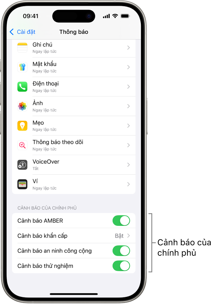 Màn hình Thông báo, đang hiển thị Cảnh báo của chính phủ mà bạn có thể bật để nhận các cảnh báo của chính phủ.