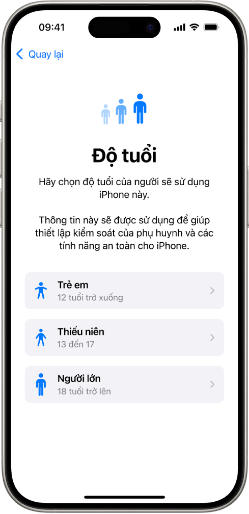 Màn hình thiết lập Phạm vi tuổi. Ba phạm vi tuổi được liệt kê: Trẻ em (12 tuổi trở xuống), Thiếu niên (từ 13 đến 17 tuổi) và Người lớn (18 tuổi trở lên).