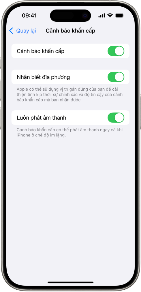 Màn hình Cảnh báo khẩn cấp, với Cảnh báo khẩn cấp, Nhận biết địa phương và Luôn phát âm thanh được bật.